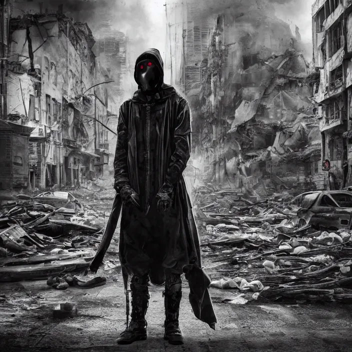 Prompt: hooded apocalyptic man in gas mask standing in street of destroyed city, hyper - detailed, smooth, sharp focus, 4 k ultra hd, fantasy dark art, apocalyptic art