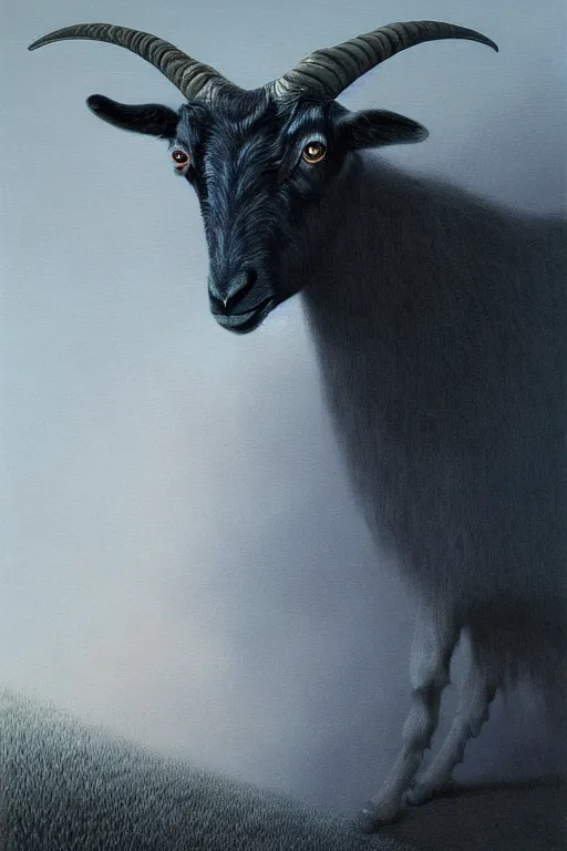 Image similar to painting of hybrid between andy milonakis and a goat, intercrossed animal, mixture animal, by zdzislaw beksinski, by tiffany bozic, cold hue's, warm tone gradient background, concept art, beautiful composition, digital painting