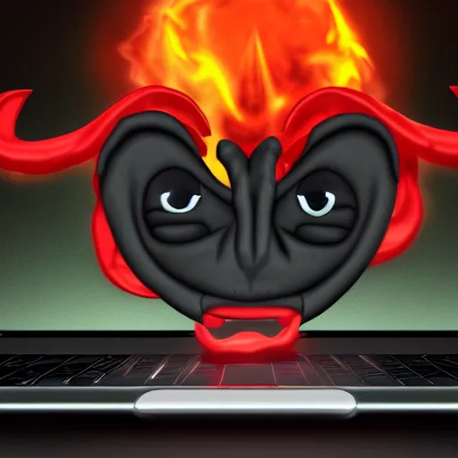 Image similar to a demon programmer using a laptop ~ evil smile ~ lava background ~ two horns ~