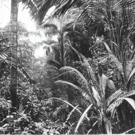 Image similar to a rizom lost film footage of a ( ( ( ( ( ( ( ( cube ) ) ) ) ) ) ) ) in the middle of the tropical jungle / tropicalism / tropicalism / tropicalism / film still / cinematic / enhanced / 1 9 2 0 s / black and white / grain