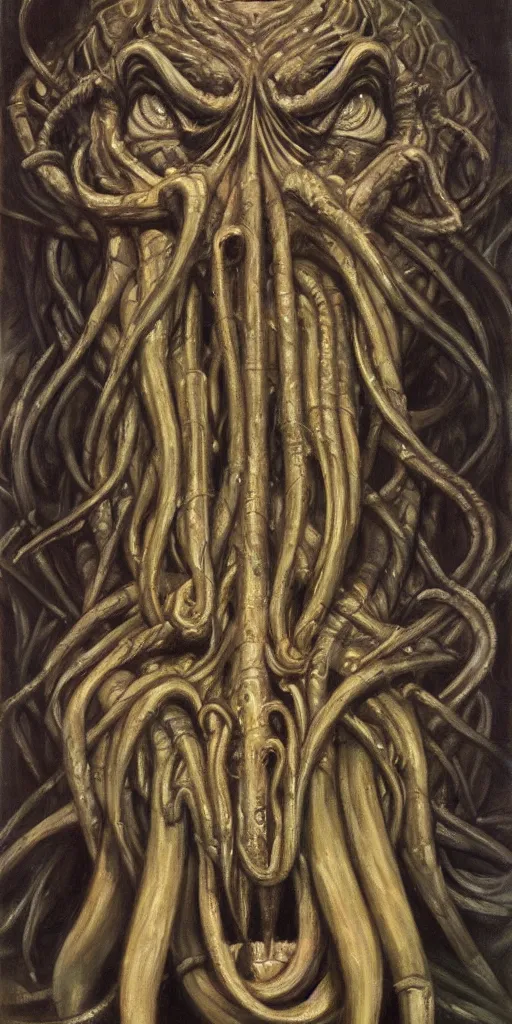 Prompt: a stunning and noble highly detailed portrait of cthulhu by h. r giger and edward hopper, trending on artstation, oil painting masterpiece, symmetry, mysterious, very very very aesthetic