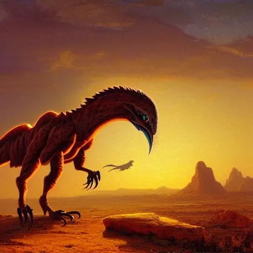 Prompt: a cowboy riding a utahraptor at sunset by Alfred Bierstadt, oil painting, highly detailed, artstation