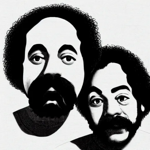Image similar to portrait of cheech and chong, ultra realistic, highly detailed, hd, sharp focus, highly detailed, vivid colors, cinematic lighting,