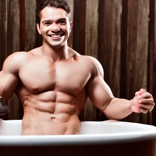 Prompt: attractive muscular man with a creepy smile bathing in milk