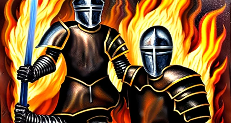 Image similar to An oil painting of a knight in dark metal armor wielding a flaming sword