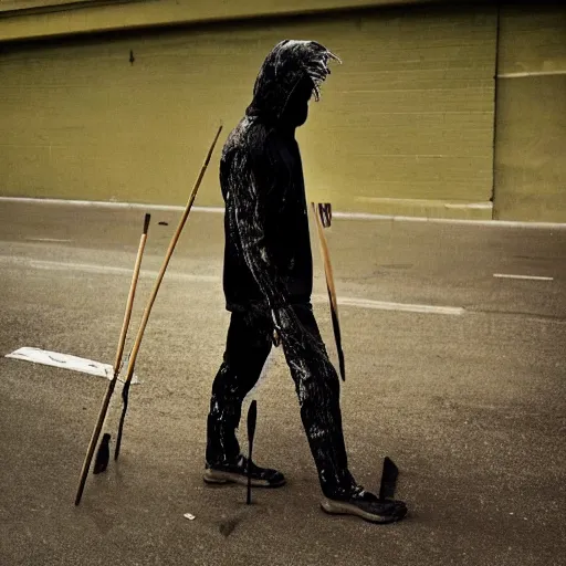 Prompt: The image of a walking man dressed in head to toe black paint, beaten with sticks by the flack squad