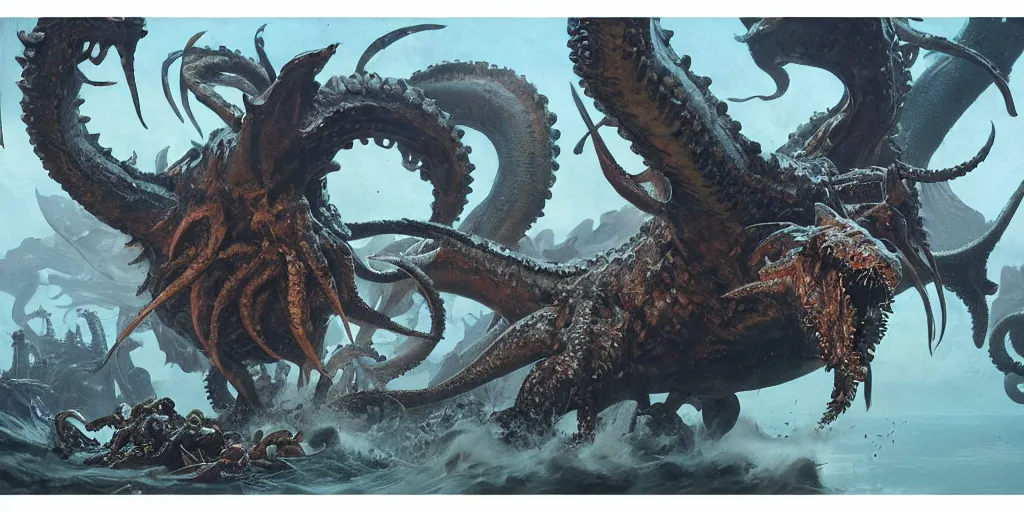 Image similar to The Kraken, Monster Hunter Illustrations art book, giant, Moebius, Greg Rutkowski, Zabrocki, Karlkka, Jayison Devadas, Phuoc Quan, trending on Artstation, 8K, ultra wide angle, zenith view, pincushion lens effect.