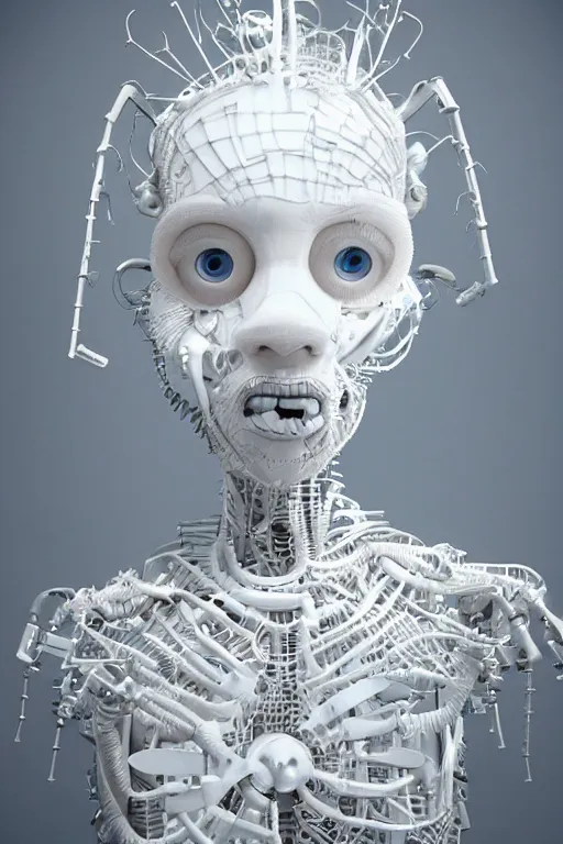 Image similar to full head and shoulders ballerina, monster with 3 d smooth, long blue hair, delicate facial features, white eyes, white lashes, detailed white, lots of 3 d cyborg elements, prosthetic, anatomical, all white features on a white background, by daniel arsham and james jean