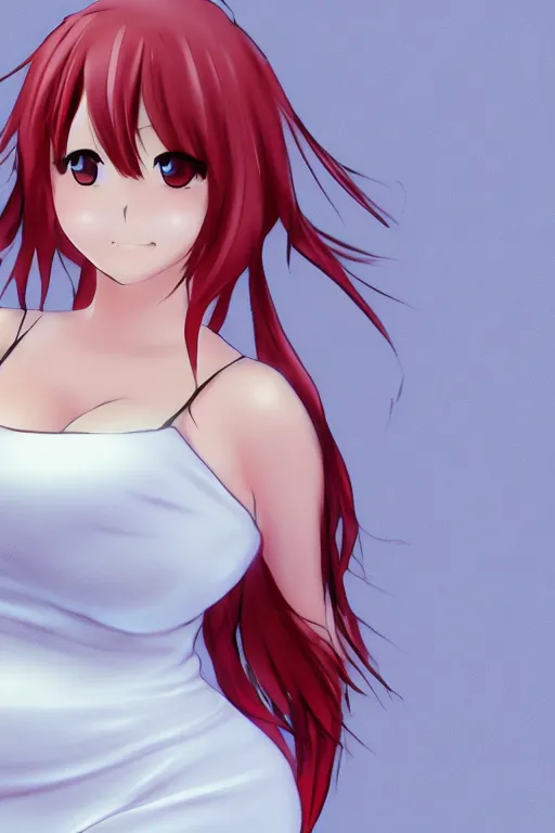 Prompt: anime drawing of a curvy chubby redhead in a white dress, unreal engine, artstation