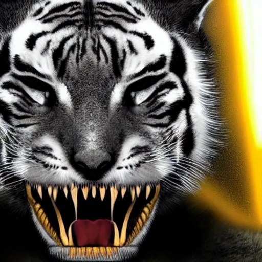 Image similar to a humanoid with cat-like creature in future armor with yellow eyes teeth that protrude past the lower lip sort of like a saber-tooth tiger and fine grayish fur on their face