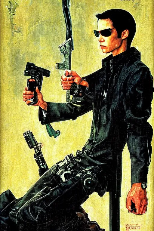 Image similar to Neo from Matrix painted by Norman Rockwell