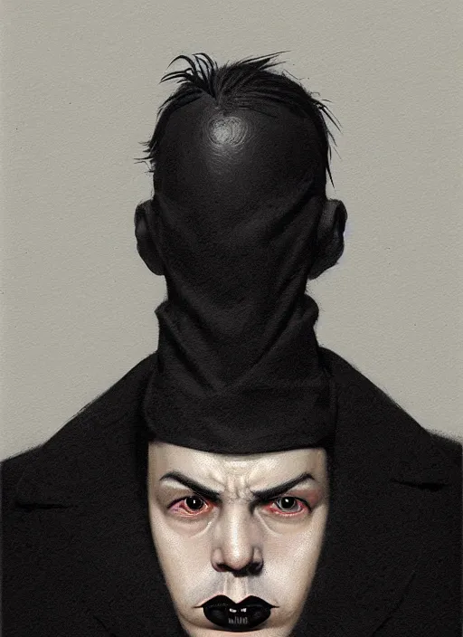 Image similar to portrait of a round faced man with a crooked nose and a confident expression, 1 9 6 0 s, black clothes, goth, punk, funk, intricate, elegant, highly detailed, digital painting, artstation, concept art, smooth, sharp focus, illustration, art by wlop, mars ravelo and greg rutkowski