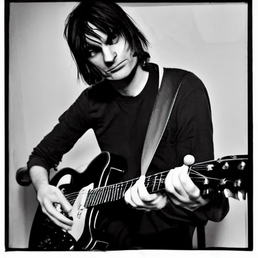 Image similar to Jonny Greenwood playing a guitar in a black and white photo, a black and white photo by David Gilmour Blythe, featured on tumblr, toyism, groovy, psychedelic, ilya kuvshinov