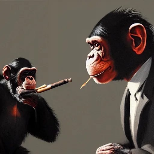 Image similar to a chimp wearing a suit smoking a cigar, dramatic lighting, cinematic, establishing shot, extremly high detail, photorealistic, cinematic lighting, artstation, style by James Gurney