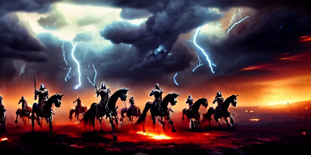 Image similar to ”four horsemen of the apocalypse riding skeleton horses towards the camera [epic, cinematic, scary, intimidating, horror, war, battle, hell, storm clouds, lightning, octane render, 8k, mattepainting, art by wlop and paul lehr and greg rutkowski]”