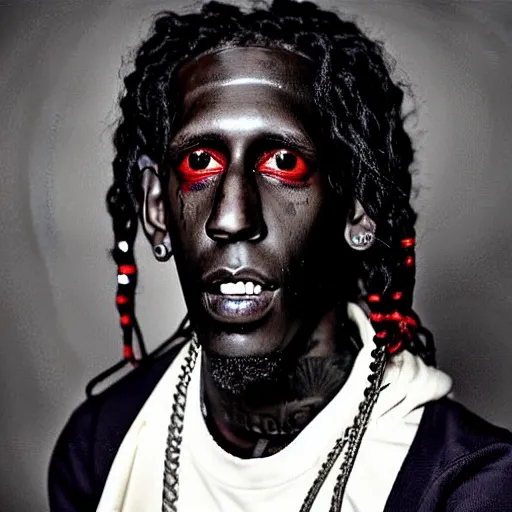 Image similar to Hyper-realistic and extremely uncanny photograph American rapper Young Thug as a creepypasta character-W 910