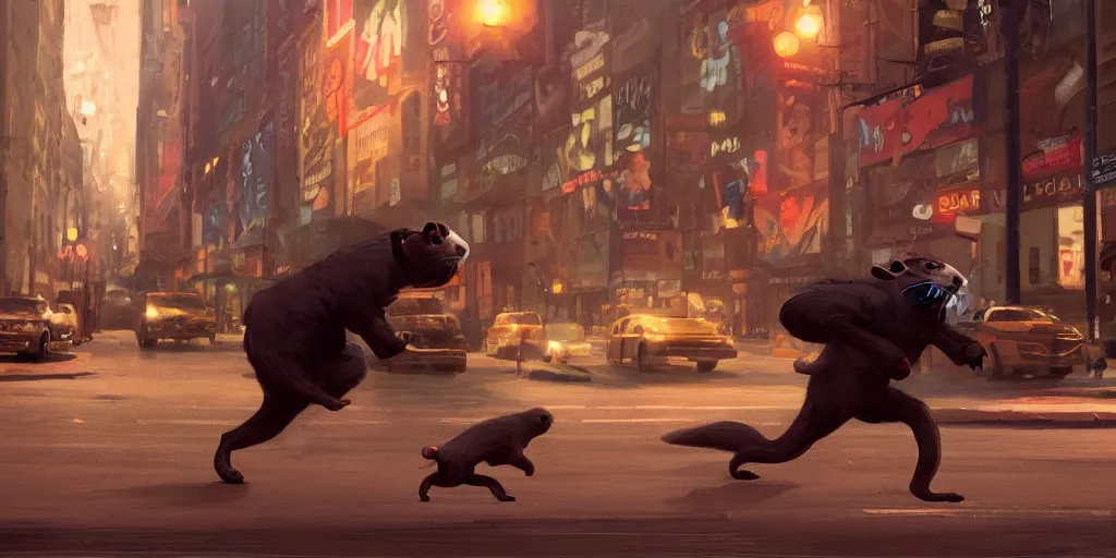 Image similar to a ferret is chasing a rabbit through the streets of new york, warm color palette, night time, dramatic lighting, noir film, fine details, high contrast, blacksad, kim jung gi, greg rutkowski, trending on artstation, 8 k, ultra wide angle