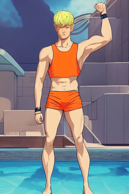 Prompt: a handsome man with blonde hair who is also a male android, ken, muscular, wearing a cut-off white tank top and short light orange shorts, stands by a swimming pool, facing forward, in the style of artgerm and moebius and annie liebovitz, photorealistic, highly detailed