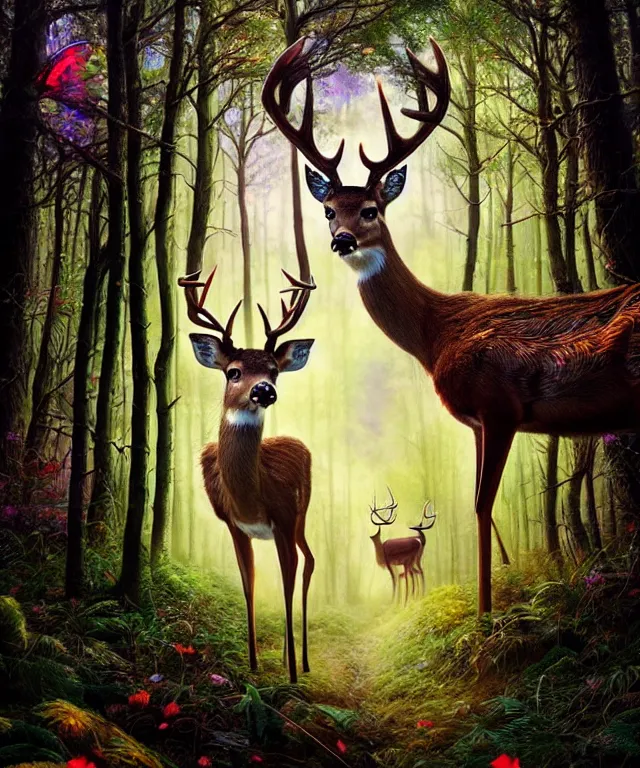 Image similar to a realistic deer, walking through a psychedelic forest, wide angle landscape shot, pixar style by tristan eaton, artgerm and tom bagshaw