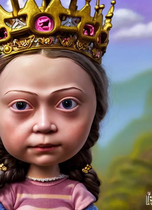 Image similar to highly detailed closeup, face profile portrait of greta thunberg as a tin toy fairytale princess wearing a crown eating cakes, bikini, unreal engine, nicoletta ceccoli, mark ryden, earl norem, lostfish, global illumination, detailed and intricate environment
