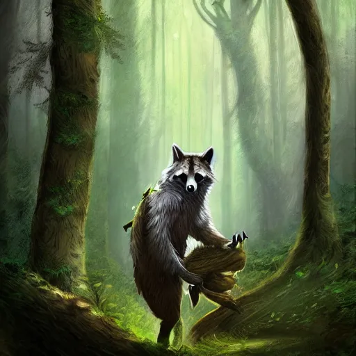 Image similar to a woodland druid in a forest with a wolf bird and racoon, photorealistic, in the style of greg rutkowski, digital painting