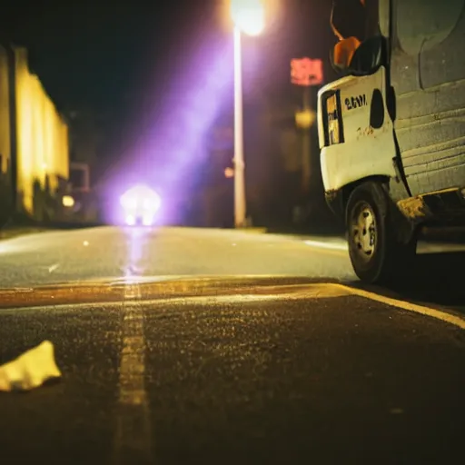 Prompt: drunk guy becoming pure splat in the middle of a dark road, bright red organs visible and mushy, severe lacerations of the abdomen, white van sprayed with blood, cinematic lighting