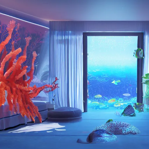 Prompt: the realistic photo of the modern fashionable room as aquarium with a chandelier as a big jellyfish, beautiful corals on the walls and dangerous sharks on the big panoramic window, a lot of gleans, under the ocean, realistic colors, realistic shadows, daylight made in blender and cinema 4 d, hd, 3 d by beeple and by greg rutkowski