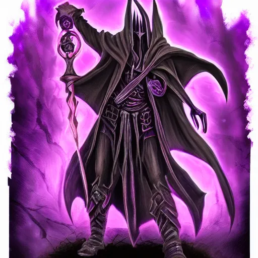 Prompt: shadowy necromancer, sauron shadow with purple eyes