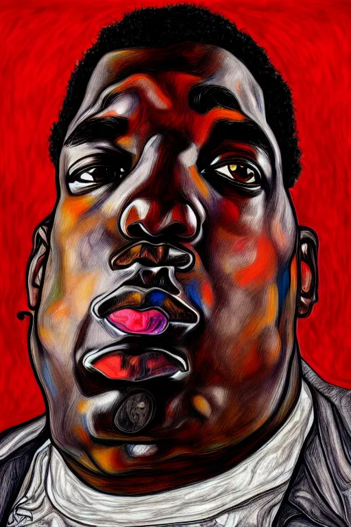 Image similar to a portrait of biggie small in style of egon schiele, masterpiece, hyperdetailed, complex, intricate, 4 k, trending on artstation