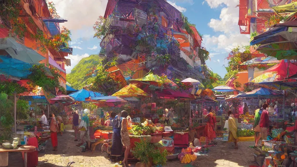 Image similar to colorful marketplace in Reunion Island, anime, digital painting by Greg Rutkowski, by James Gurney,trending on artstation,highly detailed