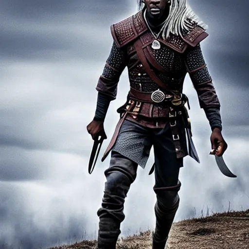 Prompt: Ousmane Dembélé from Barcelona as Geralt of Rivia fromThe Witcher