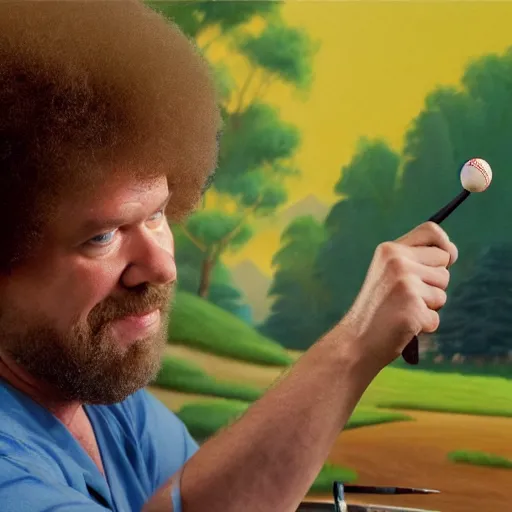 Image similar to a closeup photorealistic photograph of bob ross crafting an image of kenny powers autographing a baseball, painting on a canvas. mountains and trees. film still. brightly lit scene. this 4 k hd image is trending on artstation, featured on behance, well - rendered, extra crisp, features intricate detail, epic composition and the style of unreal engine.