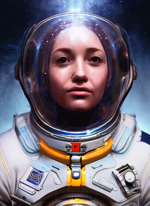 Image similar to masterpiece portrait of cosmic astronaut on a spaceship, au naturel, hyper detailed, digital art, trending in artstation, cinematic lighting, studio quality, smooth render, unreal engine 5 rendered, octane rendered, art style by klimt and nixeu and ian sprigger and wlop and krenz cushart and riot and overwatch