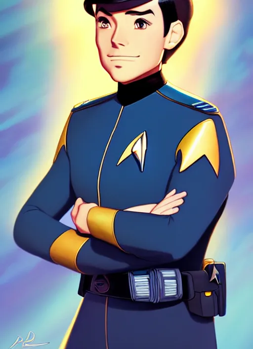 Image similar to cute star trek officer federico macheda, natural lighting, path traced, highly detailed, high quality, digital painting, by don bluth and ross tran and studio ghibli and alphonse mucha, artgerm