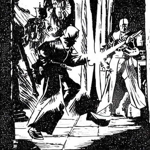 Image similar to A rogue disarming a trap. Religious, Dark Fantasy, Film Noir, Black and White. High Contrast, Mike Mignola, D&D, OSR