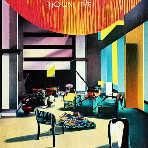 Prompt: Bauhaus hotel lobby interior, digital glitches in the background, 1976 magazine cover painted by Salvador Dali