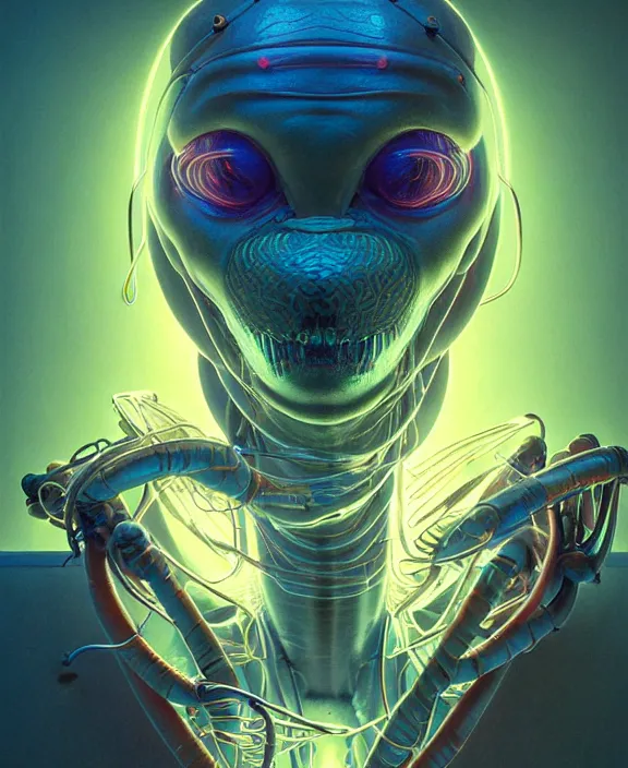 Image similar to intricate neon light portrait of a disturbing terrifying alien insect creature, mottling coloring, adorable, childlike, medical equipment hospital environment, ultra realistic, concept art, art nouveau, photorealistic, octane render, 8 k, unreal engine. art by christopher marley and artgerm and greg rutkowski and alphonse mucha