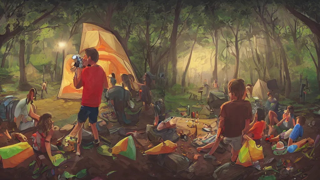 Image similar to an illustration of a drunk teenage kid on a camping, covered in vomit, parents standing outside angry, fisheye lens, high contrast, highly detailed, sharp focus, digital painting, 3 d art, illustration, trending on artstation,