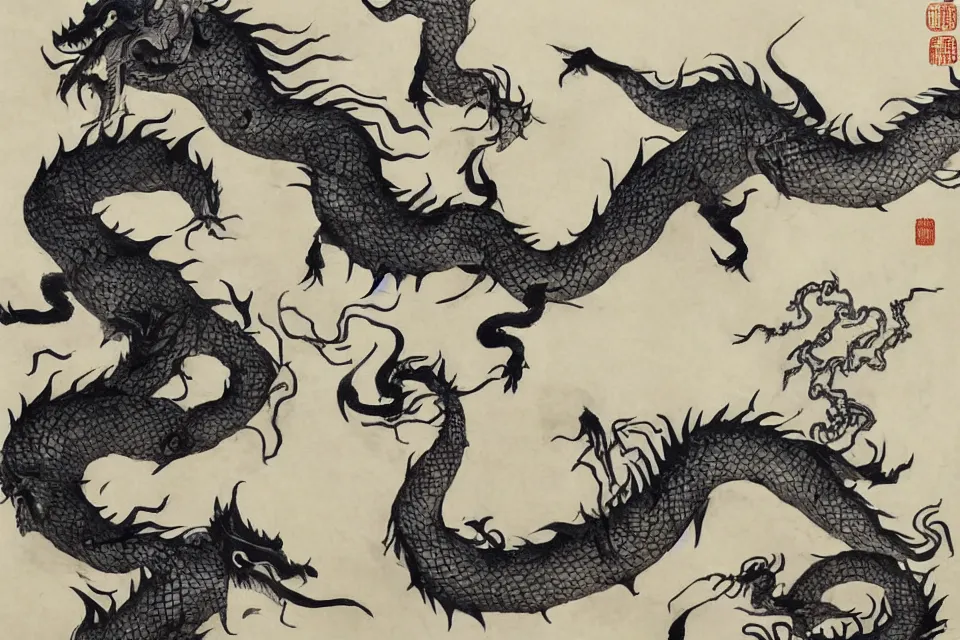 Prompt: mythical monsterss, traditional chinese ink painting, yellowing paper.