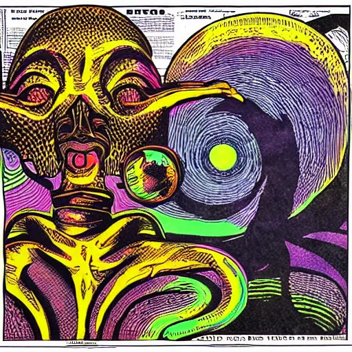 Image similar to psychedelic alien dreamscape, 1883 newspaper pop art