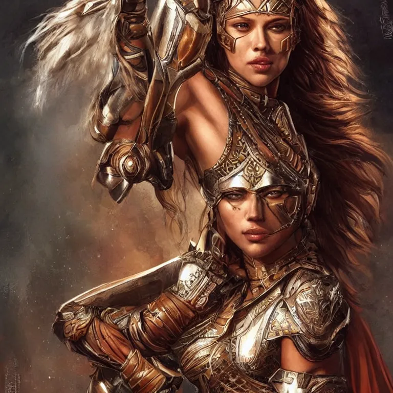 Image similar to scarlett johannson as an amazon warrior, a tall beautiful woman with brown skin and long hair, dressed in hellenistic body armor, intricate, elegant, highly detailed, smooth, sharp focus, detailed face, art by ardian syaf