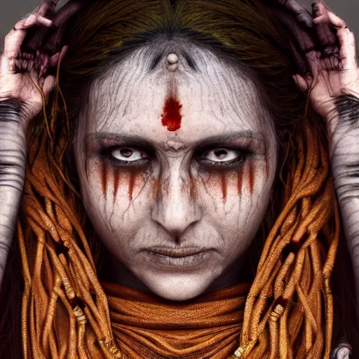 Prompt: Female Aghori Sadhu portrait, veins, nervous system, sinew, 8k , high octane render, unreal engine 5, IMAX quality, hyperdetailed, realistic, golden ratio, intricate, cinematic lighting,