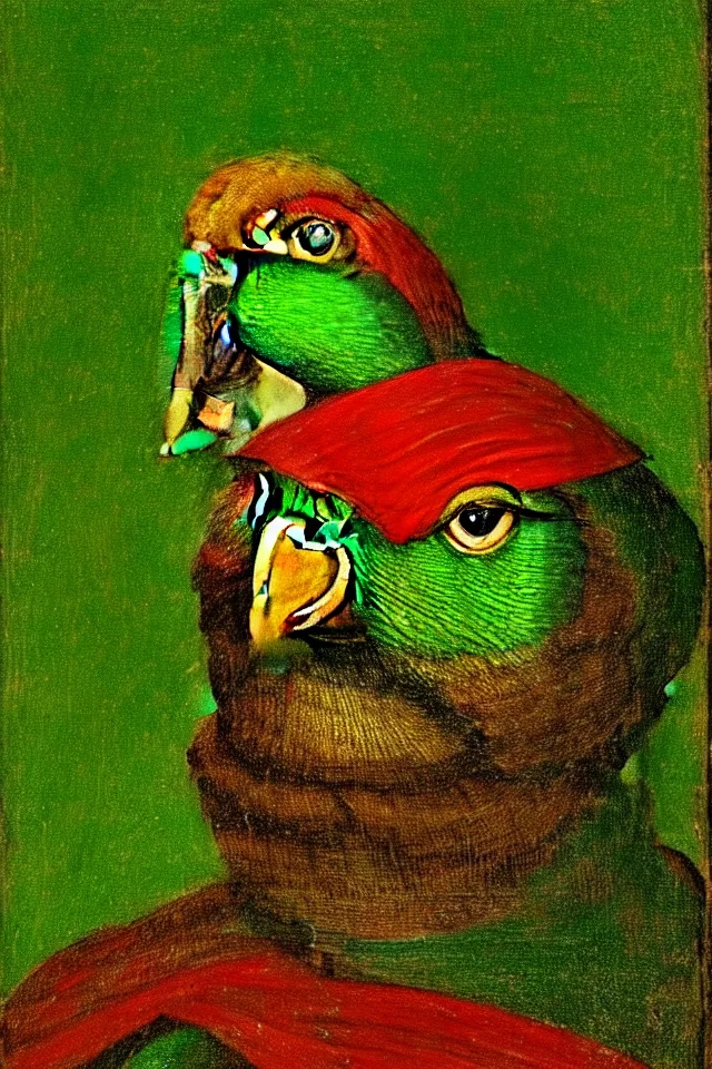 Prompt: a renaissance close up portrait of a green duck parrot as a ninja turtle, centered, triumphant, beautiful intricate painting