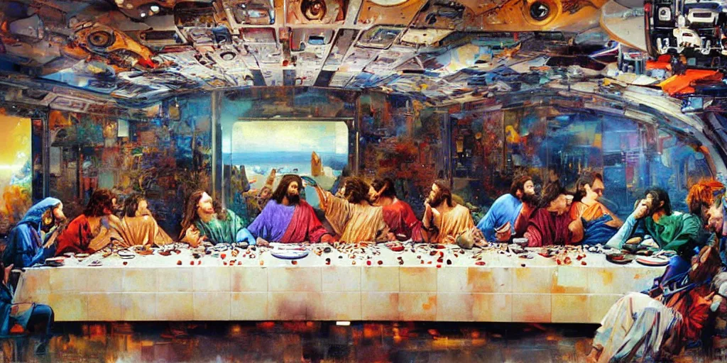 Image similar to the last supper in spaceship by john berkey