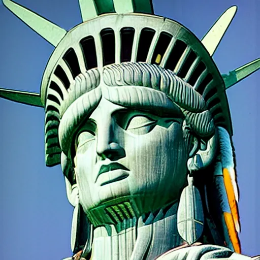 Image similar to kodachrome photo of the statue of liberty as a native indian with headdress, coper cladding