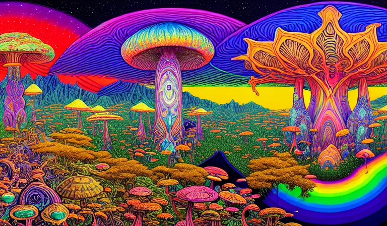 Image similar to an expansive rendering of beautiful and complex oneness of all things by dan mumford, by jim fitzpatrick, by joe wilson, by jim burns, by victo ngai, by jacek yerka, surrounded with colorful magic mushrooms and rainbowcolored marihuana leaves, insanely integrate, featured on deviant art, trending on artstation