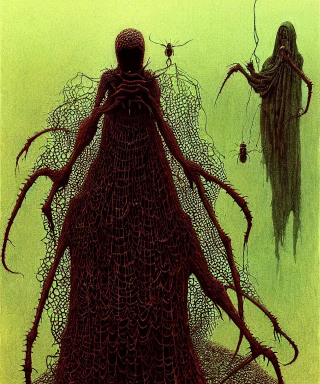 Prompt: a woman standing all covered in spiders. illustration of arachnophobia, fear of spiders, incredible number of spiders and bugs. extremely high details, realistic, horror, creepy, web, masterpiece, art by zdzislaw beksinski, arthur rackham, dariusz zawadzki