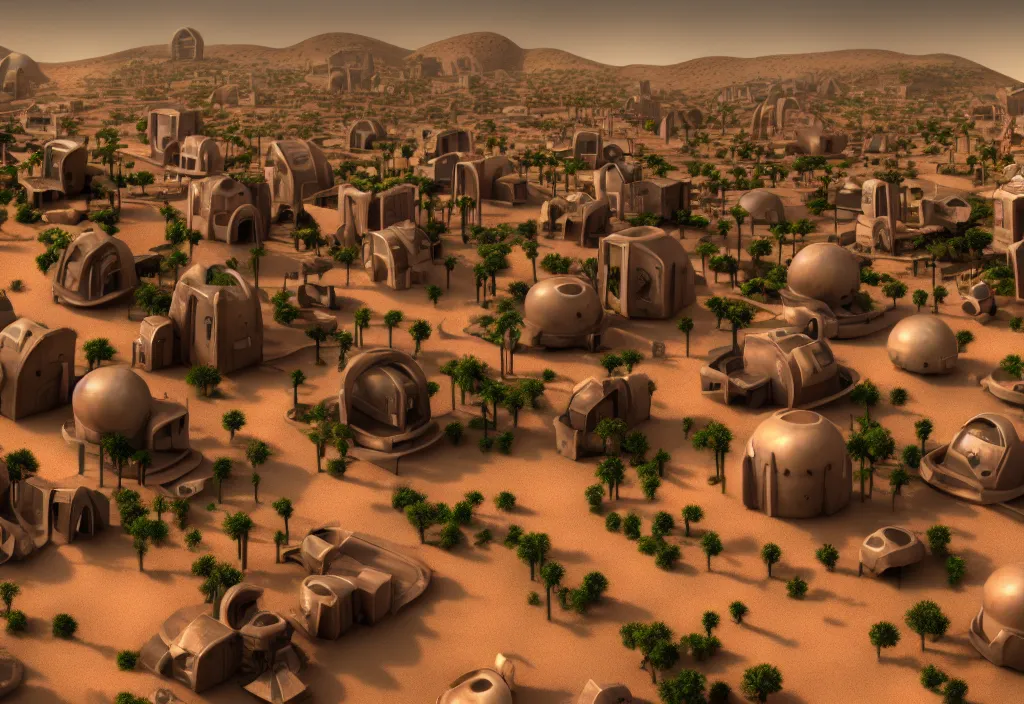 Image similar to futuristic village in a desert, painting, octane render, 4 k, anime