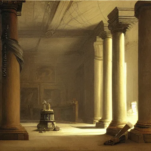 Prompt: painting of a scifi ancient civilzation alien empty room with pillars, andreas achenbach