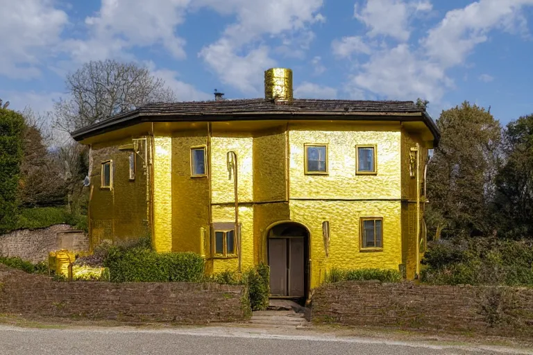 Image similar to cyberpunk, an estate agent listing external photo of a golden 5 bedroom detached house, made of gold, metal, golden, sparkling, in the countryside, sunny day, clear skies, by Paul Lehr